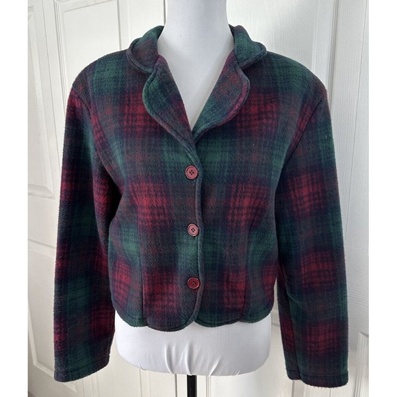 Coco Blue Women’s Fleece Button up Blazer Red Green Plaid Coat Jacket Size Large - Picture 1 of 6